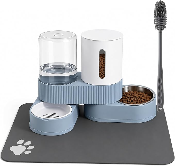 Gravity Cat Feeder and Water Dispenser 2 Pack Automatic Stainless Steel Feeder Bowls with Silicone Mat and Brush Set, Dry Food and Water Dispenser for Cats Small Medium Dogs(Blue)