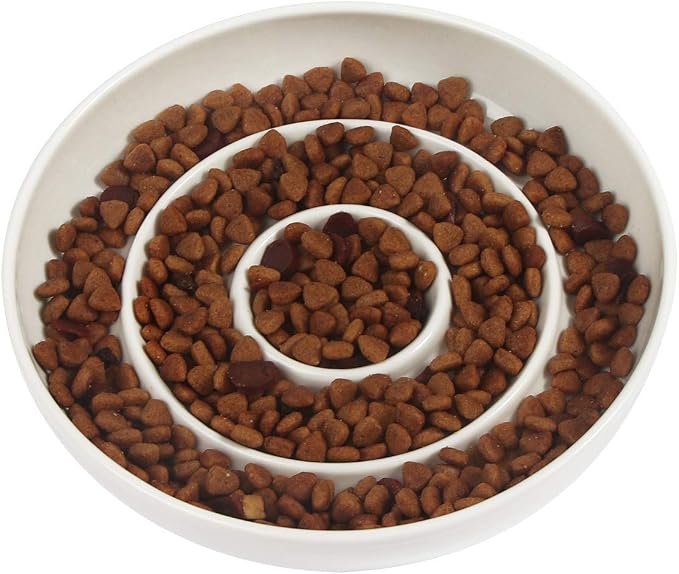 SLSON Cat Slow Feeder Bowl,Ceramic Slow Feed Cat Bowls Heavy and Shallow Wisker Stress-Free Pets Dish for Kittens Small Pets Wet Food,White