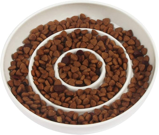 SLSON Cat Slow Feeder Bowl,Ceramic Slow Feed Cat Bowls Heavy and Shallow Wisker Stress-Free Pets Dish for Kittens Small Pets Wet Food,White