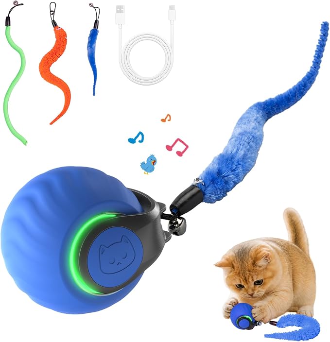 Geamen Interactive Cat Toys with Bird Sounds & 3 Speed Modes, Rechargeable Automatic Moving Cat Toy with 3 Tails, Fast Charging Smart Rolling Ball for Indoor Cats to Chase Play on Hard Floor Carpet