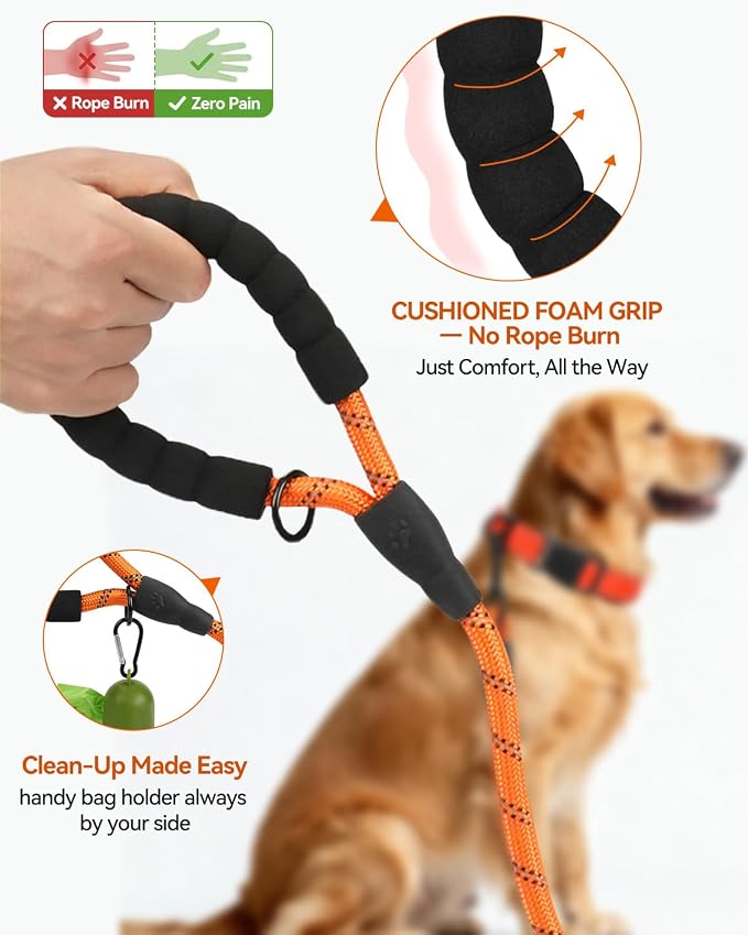 Joytale Dog Leash for Large Dogs, Heavy Duty Nylon Leashes with Comfortable Padded Handle and Highly Reflective Threads, Ideal for Walking and Training, Orange, 6'×1/2''