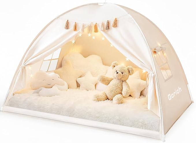 Gorich Twin Bed Tent for Kids, Indoor Privacy Toddler Sleeping Canopy with Mesh Window, Fits Bunk or Floor Bed, Include Star Lights & Tassels, Cozy Playhouse for Boys Girls Birthday