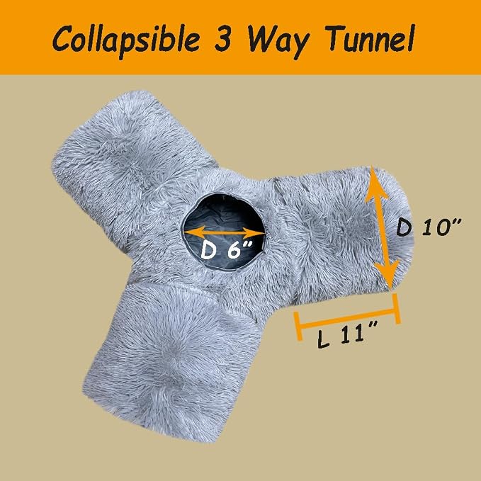 3-Way Collapsible Cat Tunnel Tube Toy Grey Plush — Interactive Play Tunnel with Hanging Ball & Peek Hole for Indoor Cats, Kittens, Puppies & Rabbits | Hours of Fun & Exercise