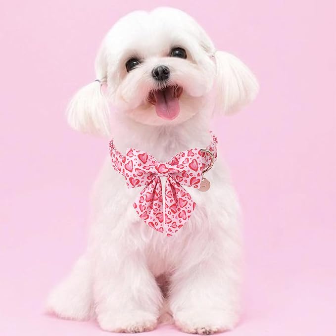 Valentine’s Day Dog Collar with Bow Tie, Pink Heart Bowtie Collar with Metal Buckle, Valentine’s Day Gift Pet Collar for Puppy Girl Boy Dog or Cat, Wedding Dog Collar, M, Neck 13.5-22in