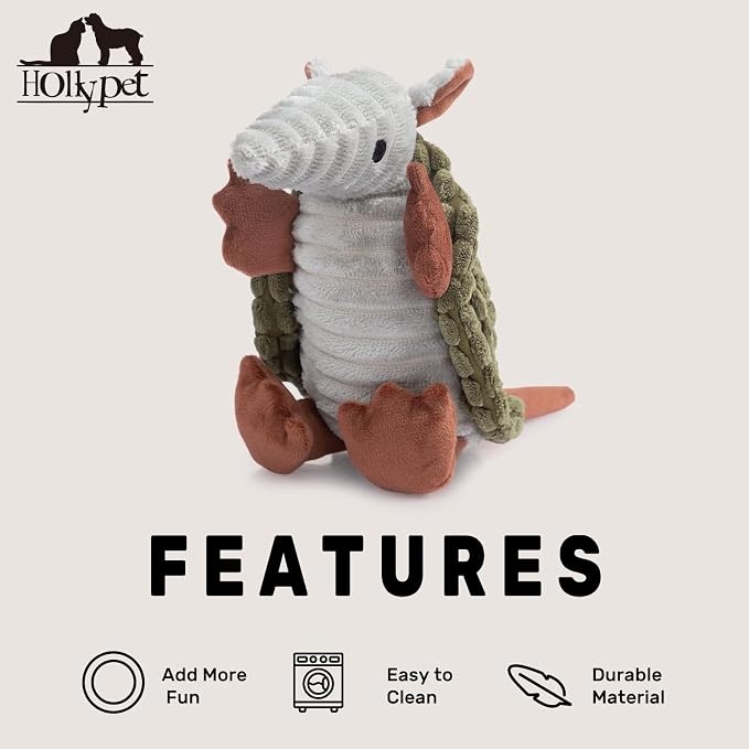 Hollypet Plush Dog Squeaky Toy Stuffed Armadillo Animal Pet Puppy Chew Toys with Clean Teeth for Small Medium Large All Breed Sizes Dogs, Olive Green, 8 in