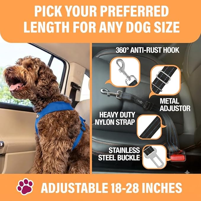 Active Pets Blue Car Seat Belt for Dogs, Attaches to Harness & Collar, Adjustable 18" - 24" Travel Restraint System Fits Small - Large Pups for Safety & Comfort, Essential Pet Supplies & Accessories