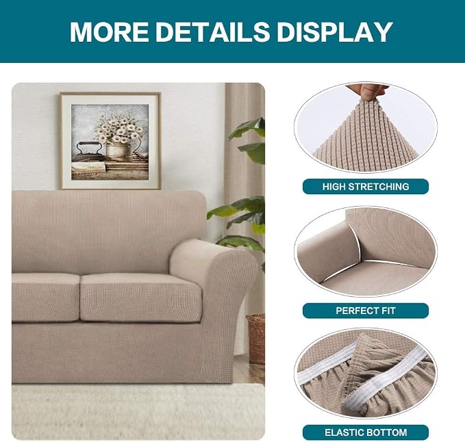 Turquoize 4 Piece Sofa Covers for 3 Cushion Couch Sofa Slipcover Soft Couch Cover for Dogs Washable Furniture Cover with 3 Individual Large Cushion Covers Feature Fabric (Large Sofa, Sand)