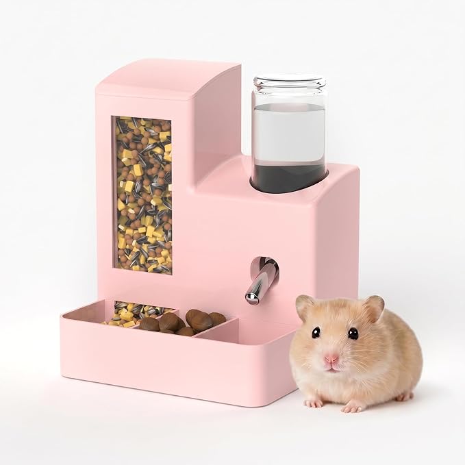 Hamster Water Bottle and Feeder, No Drip 2-in-1 Automatic Waterer and Food Dispenser, Gravity Feeding Hamster Cage Accessories for Small Pets 5.51 x 4.33 x 6.49 Inch