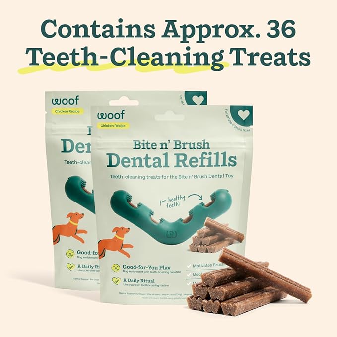 WOOF - Bite n' Brush Refills Treats for the Dog Toothbrush Toy - Scrub Plaque and Tartar from Your Dog's Teeth and Mouth - Dog Dental Sticks - 36 Refills - Beef - 2 Pack