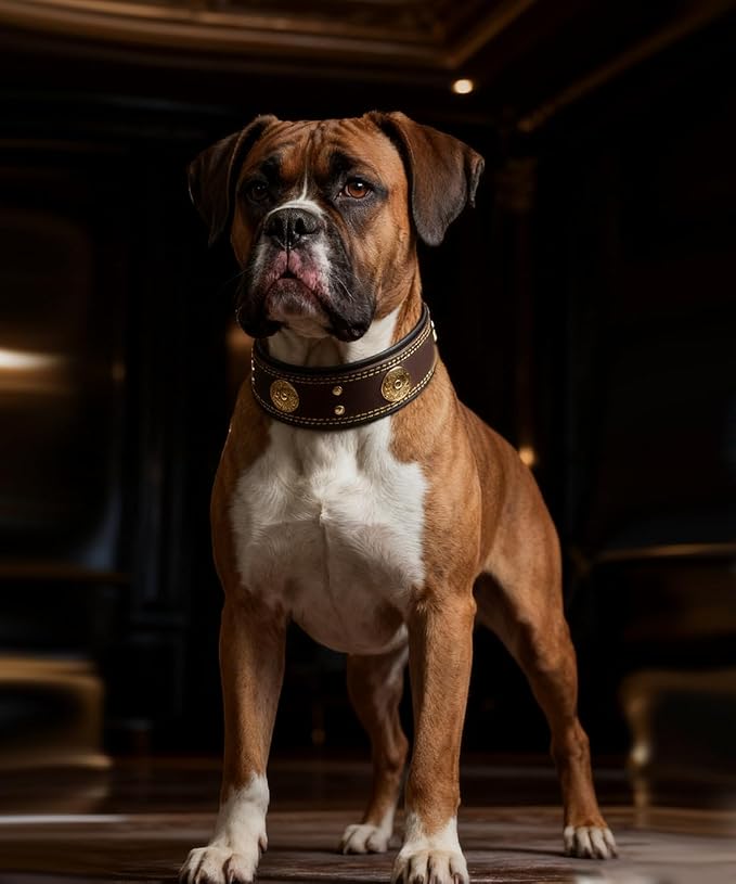 Leather Dog Collar for Large Dogs, 2 in Wide Heavy Duty, Handmade, BN-GD-M | Genuine Leather Stainless Steel Pin Buckle, Microfiber Leather Padded, Alloy Studded， Soft, Luxury and Eye-catching