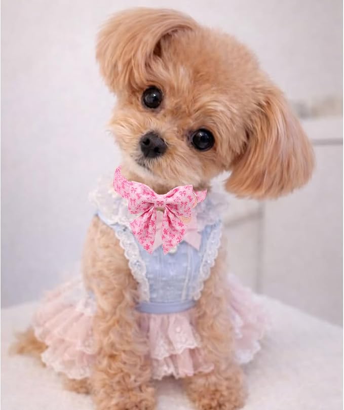 Pink Bow Dog Collar with Bowtie, Adjustable Cotton Puppy Collar with Charm and Metal Buckle, Bowtie Dog Collars for Small Medium Dogs
