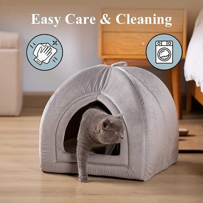 KASENTEX Cat Bed for Indoor Cats, 2-in-1 Cat House Pet Bed and Pet Supplies for Kitten and Small Cat or Dog - Animal Cave, Cat Tent with Removable Machine Washable Pillow Cushion (Grey 15x15x15)