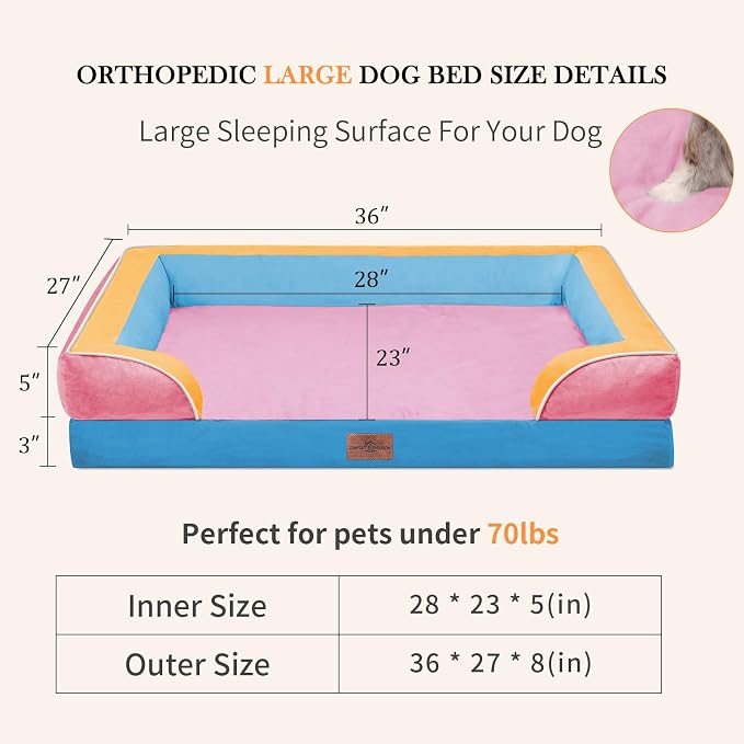 Comfort Expression Orthopedic Dog Bed for Large Dogs 36x27 Inch, Waterproof Egg Crate Foam Large Pet Bed with Bolsters, Dog Couch with Washable Cover & Non-Slip Bottom, Bubblegum Cove