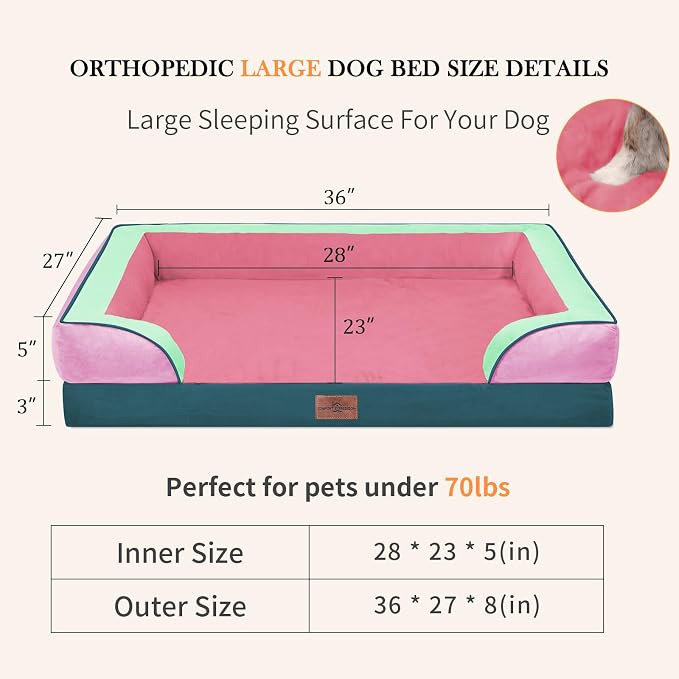 Comfort Expression Orthopedic Dog Bed for Large Dogs 36x27 Inch, Waterproof Egg Crate Foam Large Pet Bed with Bolsters, Dog Couch with Washable Cover & Non-Slip Bottom, Mint-Berry Dream