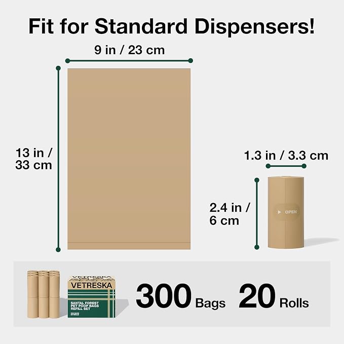 VETRESKA Dog Poop Bags, Leak Proof, Extra Thick and Large Pet Waste Bags for Dog Walking and Cat Litter, Sandalwood & Almond Scented, 300 Bags