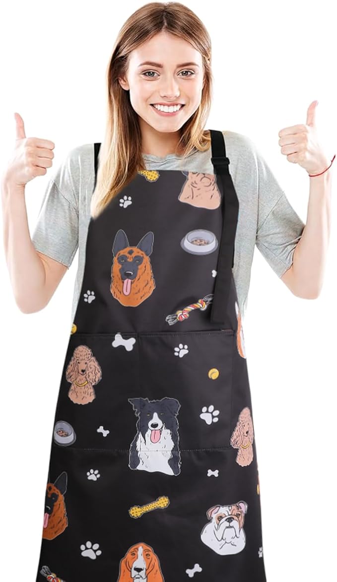 Dog Grooming Waterproof Apron with 2 Pockets, Cute Animals Puppy Dog Pets Apron