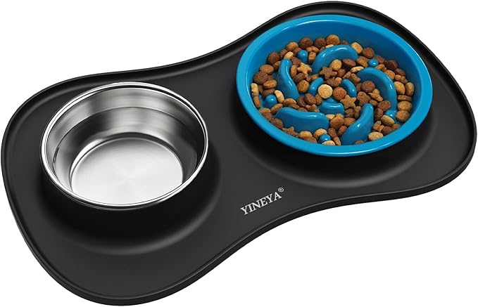 YINEYA 3 in 1 Slow Feeder Dog Bowls & Stainless Steel Food and Water Bowl with Non-Spill Dog Bowl Mat, Anti-Choking Puppy Bowls, Floor Safe & Easy Clean for Large Medium Small Dogs Cats