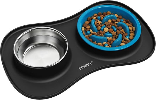 YINEYA 3 in 1 Slow Feeder Dog Bowls & Stainless Steel Food and Water Bowl with Non-Spill Dog Bowl Mat, Anti-Choking Puppy Bowls, Floor Safe & Easy Clean for Large Medium Small Dogs Cats