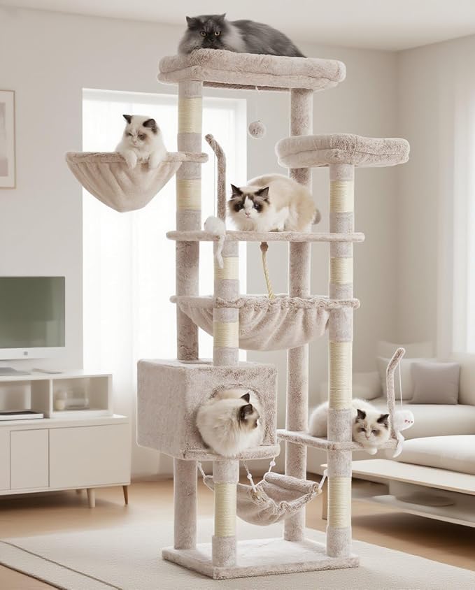 Gitelsnour Cat Tree, Cat Tower for Large Cats with 2 Big Platforms, 2 Baskets, condo and Toys, 63" Cat Scratching Posts for Indoor Cats, Muchroom GCT020MU