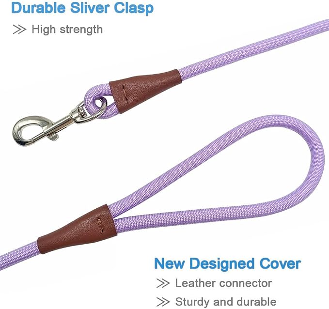 MayPaw 6/8 /10 FT Dog Leash, Classic Solid Colors, Strong Nylon Rope Dog Leash Reinforced with Leather Tailor Connection Heavy Duty Silver Clasp (Purple, 10ft*1/2")