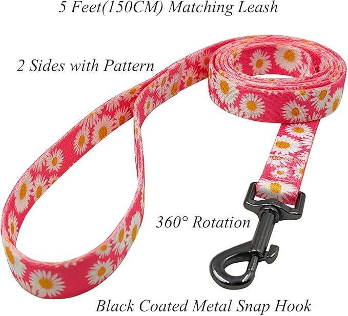 Dog Collar and Leash Set, Cute Pink Daisy Pattern, Polyester Material, 5ft Leash, for Puppy Dogs.(Extra Small, Pink Daisy)