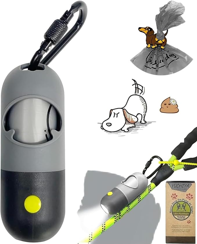 Dog Poop Bag Holder with LED Flashlight for Night Walks,Silicone Tether &Dachshund Pattern Clip for Used Bags, Hands-Free Metal Leash Carabiner, 15 Scented Waste Bags (Gray)