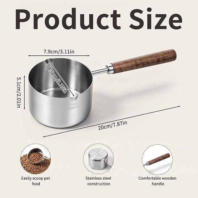 Dog Cat Food Scoop 1 Cup, 304 Stainless Steel Dog Food Measuring Cup with Inner Precision for Pets & Kitchen Use