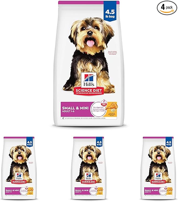 Hill's Science Diet Small & Mini, Adult 1-6, Small & Mini Breeds Premium Nutrition, Dry Dog Food, Chicken & Brown Rice, 4.5 lb Bag (Pack of 4)