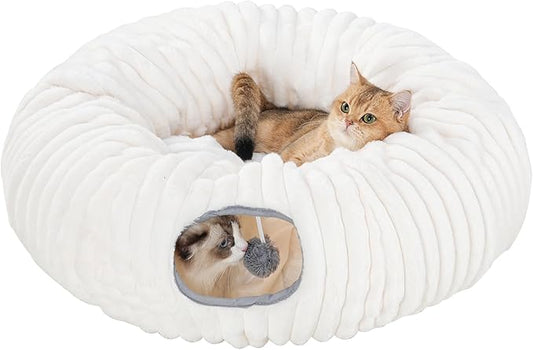 Avont Cat Tunnel Bed for Indoor Cats, Plush Fluffy Kitten Donut Tunnel 3 Shape to Play, Large Kitty Circle Tunnel Under Christmas Tree, Cat Play Toys Gift Ideas -White Short-Pile