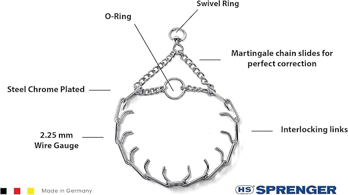 Herm Sprenger Prong Dog Training Collar - 16" Long with 2.25mm Gauge (for Dogs up to 40lbs) - Fits 13" Neck, Extendable to 19" Neck with Additional Prong Links - Chrome Plated Steel, Made in Germany
