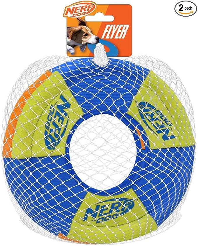 Nerf Dog Trackshot Toss and Tug Ring Outdoor Dog Toy 2 Pack, 9 Inch Dog Tug and Fetch Toy, for Medium and Large Breeds, Blue/Orange/Green