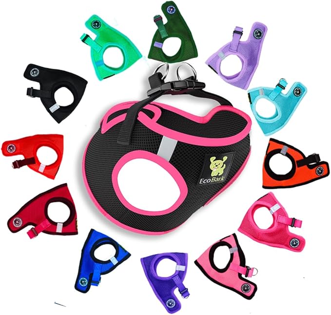EcoBark Step in Dog Harness - Eco-Friendly Dog Harnesses for Small and Medium Breed Dogs - Reflective and Adjustable Body Halter Vest - Soft Mesh Toy Breed Harness (Black and Pink, Large)