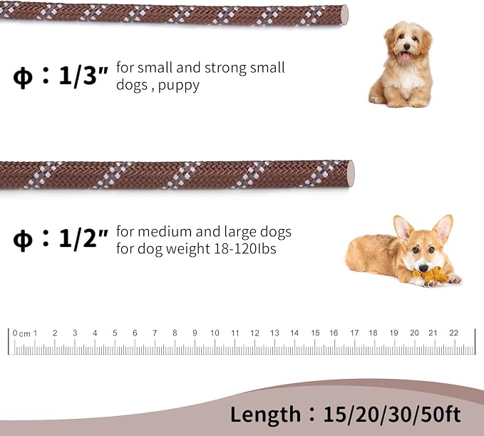 Long Dog Leash for Training 30Ft-Reflective Nylon Rope with Swivel Hook-Recall Agility Lead for Large Small Medium Dogs Outside Walking Hiking-Brown