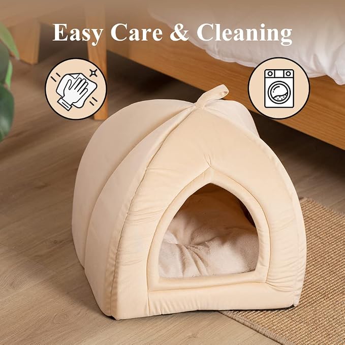 KASENTEX Cat Bed for Indoor Cats, 2-in-1 Cat House Pet Supplies for Large Cat or Small Dog - Animal Cave, Cat Tent with Removable Washable Pillow Cushion (Camel 19x19x19)