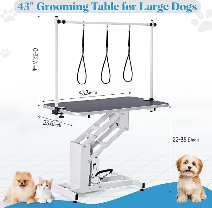 GarveeHome 43.6 in Pet Grooming Table for Large Dogs, Heavy Duty Height Adjustable Dog Grooming Table With Overhead Arm & Noose Height Range 22 in -39 in, Maximum Capacity Up to 350 LBS, White