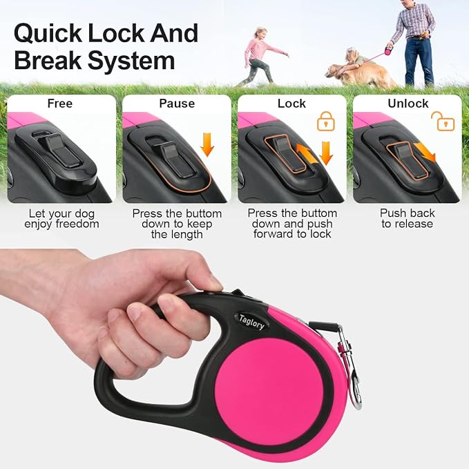 Taglory Retractable Dog Leash, 16ft No Tangle Leash Retractable for Medium and Large Dogs Up to 100 lbs, One-Handed Brake, Pause, Lock, Pink