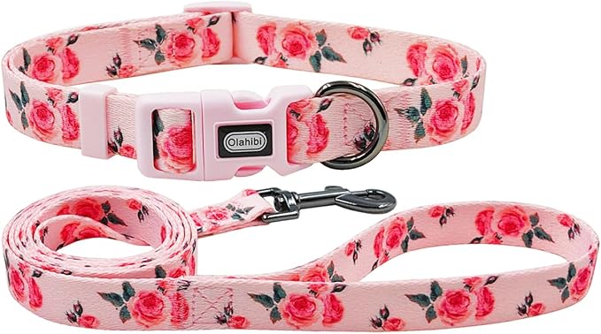 Dog Collar and Leash Set, Cute Rose Pattern, Polyester Material, 5ft Leash, for Puppy Dogs.(Extra Small,Pink Rose)