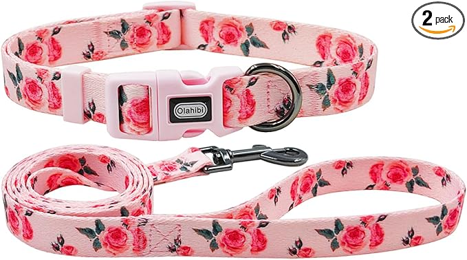 Dog Collar and Leash Set, Cute Rose Pattern, Polyester Material, 5ft Leash, for Small Dogs.(Small,Pink Rose)