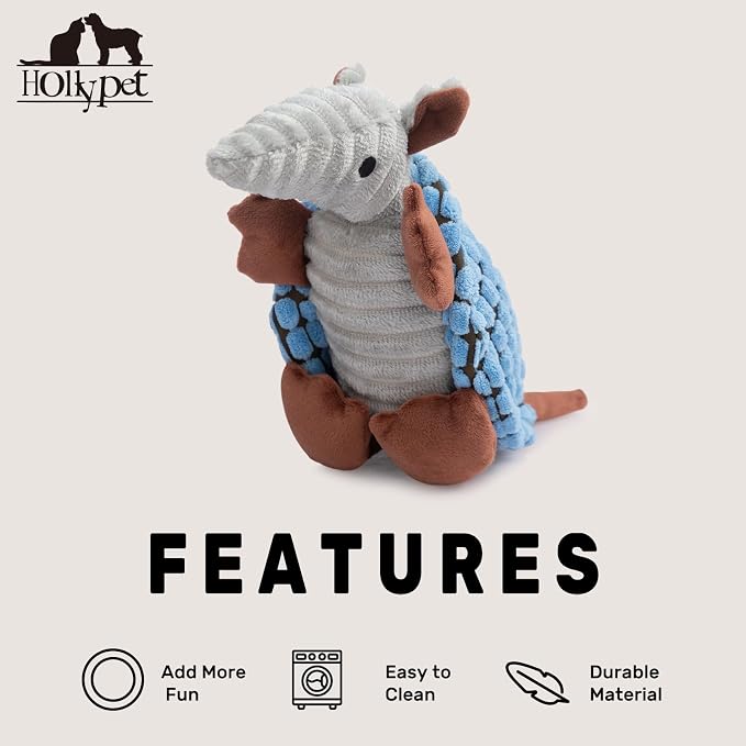 Hollypet Plush Dog Squeaky Toy Stuffed Armadillo Animal Pet Puppy Chew Toys with Clean Teeth for Small Medium Large All Breed Sizes Dogs, Sea Foam, 8 in