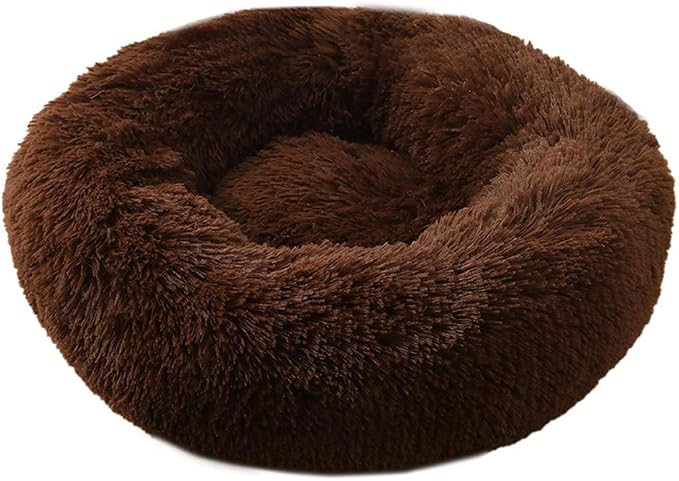 Faux Fur Dog Bed, Shag Round Anti-Anxiety Pet Calming Doughnut Cuddler for Medium Large Puppy Dog Cat Kennel Cushion Self Warming Bed (28'' D x 8'' H, Chocolate)