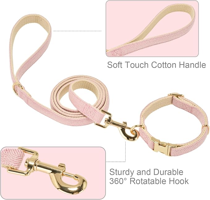 Soft Dog Collar and Leash Set Adjustable Woven Tweed Dog Collars with Metal Buckle and Lead for Small Medium Large Dogs,Pink
