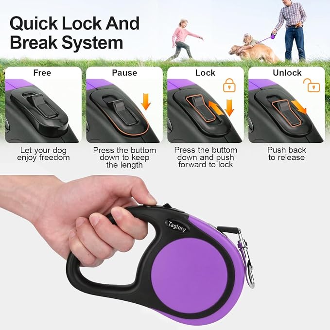 Taglory Retractable Dog Leash, 16ft No Tangle Leash Retractable for Medium and Large Dogs Up to 100 lbs, One-Handed Brake, Pause, Lock, Purple