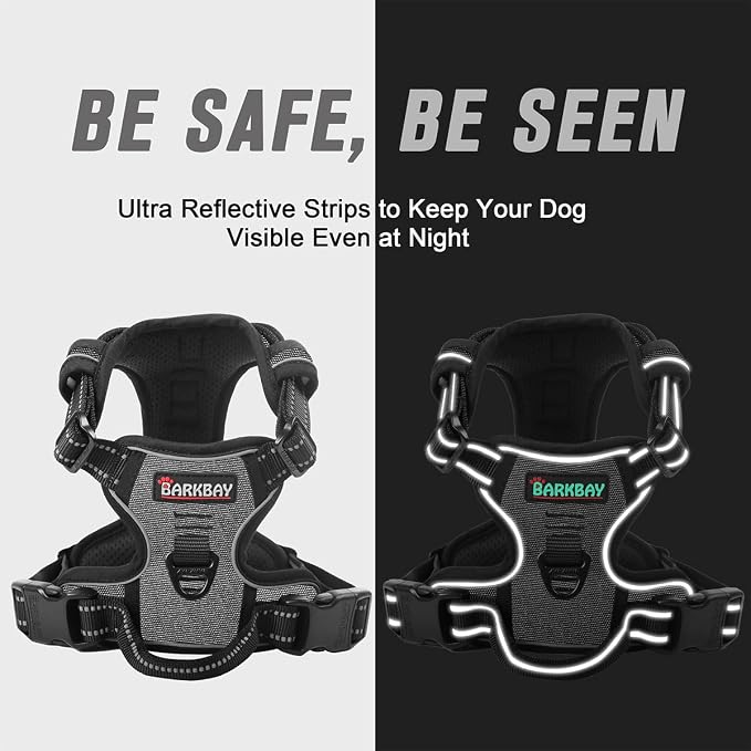 BARKBAY No Pull Dog Harness Front Clip Heavy Duty Reflective Easy Control Handle for Large Dog Walking(Dark Grey,L)