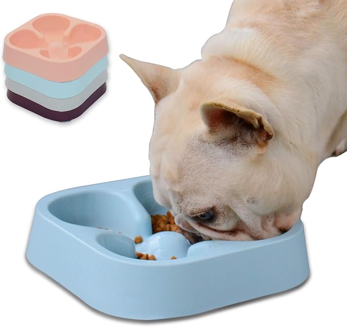 Healthy Slow Feeding Dog Bowl for French Bulldog -Slow Feeder Dog Bowl No Chocking Dog Cat Food Water Bowl with Four-Leaf Clover Pattern (Blue)