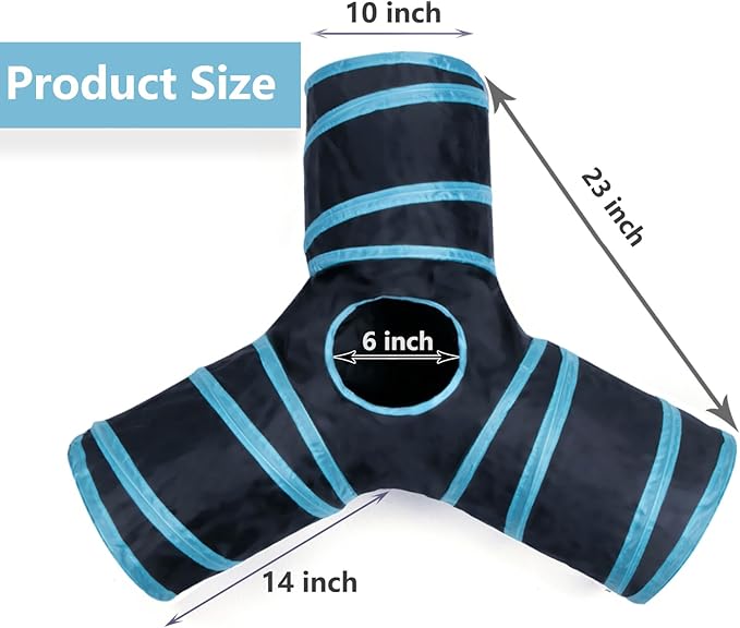 Cat Tunnel Tube Toys，Tunnels for Indoor Cats, 3 Way Blue Collapsible Interactive Toy with Balls for Rabbits, Kittens, Ferrets, Puppy