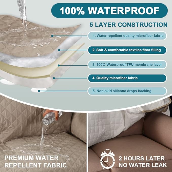 Turquoize 100% Waterproof Sofa Covers Chair Cover Slipcover Couch Protector Triple Non-Slip Sofa Slipcover for 1 Cushion Furniture Protector for Pets, Kids,Dog (Chair 23", Khaki)