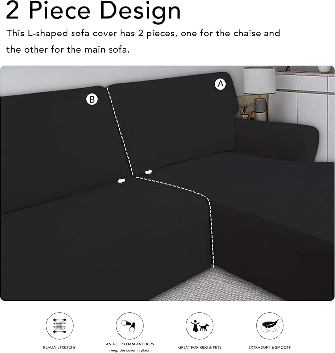 PureFit Super Stretch Sectional Couch Covers - 2 pcs Non Slip Sofa Covers with Elastic Bottom for L Shape Sectional Sofa Couch, Great for Kids & Pets (3 Seat Sofa + 3 Seat Chaise, Black)