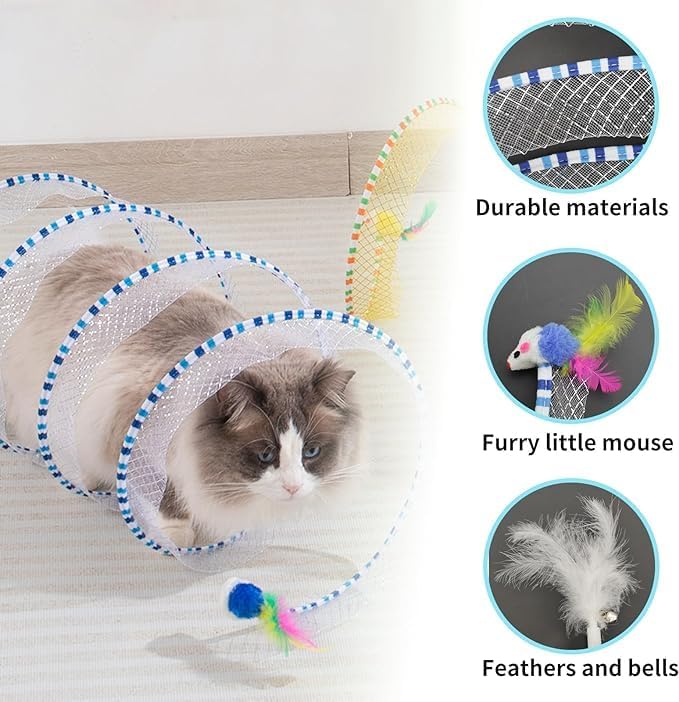 Andiker Spiral Tunnel for Cats, 21.45” Collapsible Cat Tunnel with Feather Toy and Plush Mouse Interactive Cat Toys for Indoor Cats to Relieve Boredom for Kitten (Yellow)