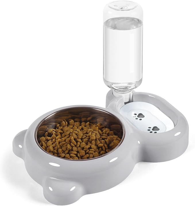 Double Dog Cat Bowls, Cat Food and Water Bowl Set with Auto-Water Dispenser and Stainless Steel Bowl Feeder for Small Size Dogs & Cats, Anti-Slip & Splash Design, Cute Gray