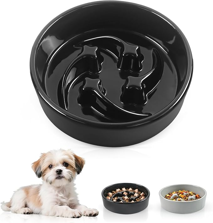 Ceramic Slow Feeder Dog Bowls, 1 Cups Dog Food Dish for Small and Medium Breed, Puzzle Dog Food Bowl for Fast Eater, 15OZ, 6.3 inch(Black)
